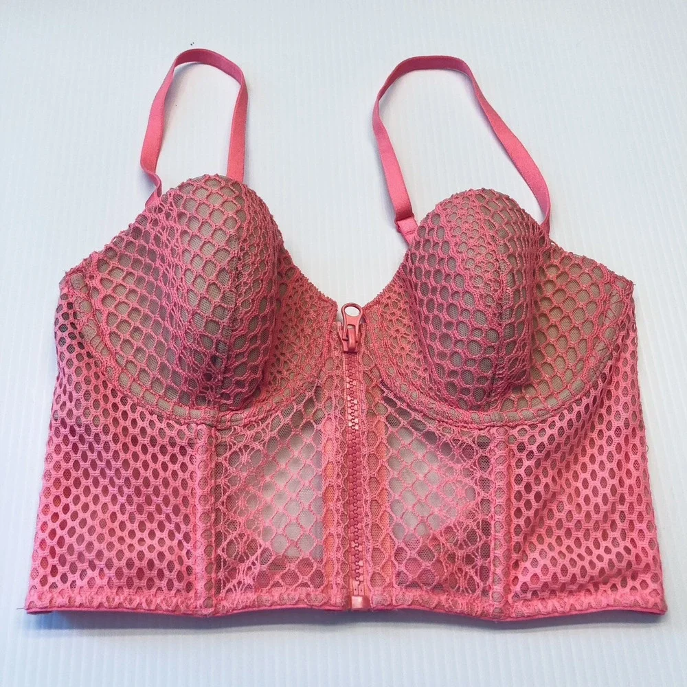 Victoria Secret Very Sexy Corset Size 34C Pink Fishnet Zip Front Bustier Top NEW